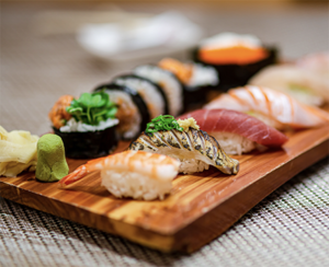 Tray of various sushi.